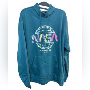 NASA "For The Benefit Of All" Teal Hoodie | Retro Space Graphic Pullover Sz M